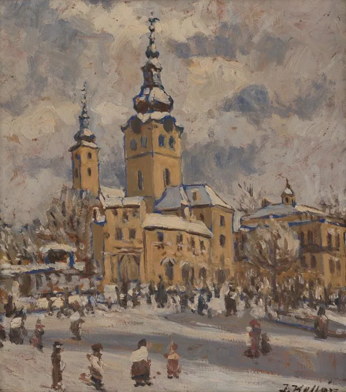 Banská Bystrica v zime, olejová maľba Jozefa Kollára z roku 1958.