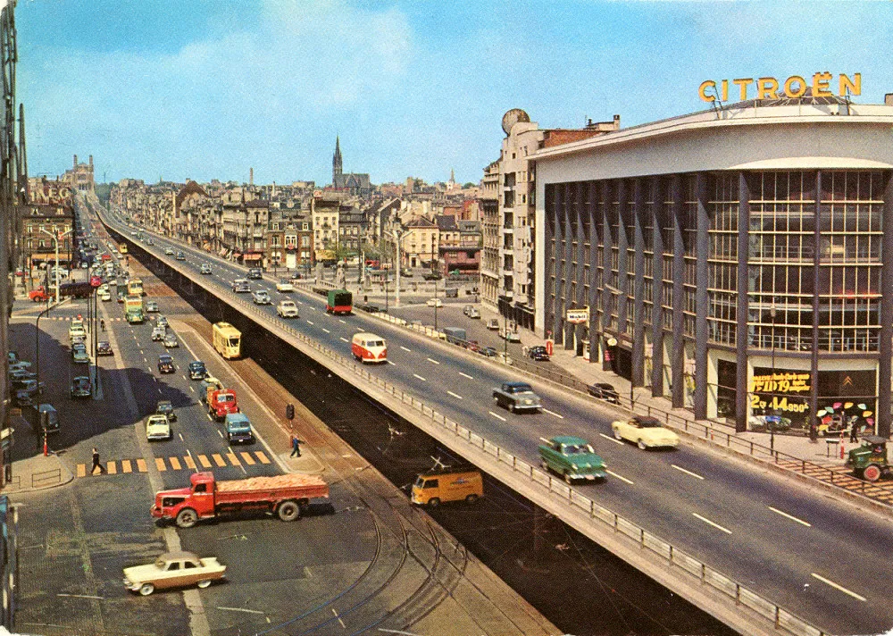 Viadukt Koekelberg pri Sainctelettesquare, historická pohľadnica, 1958