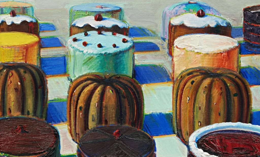 Wayne Thiebaud, Various Cakes, 1981, olej na plátne, súčasť výstavy Monument to the Unimportant, Pace Gallery