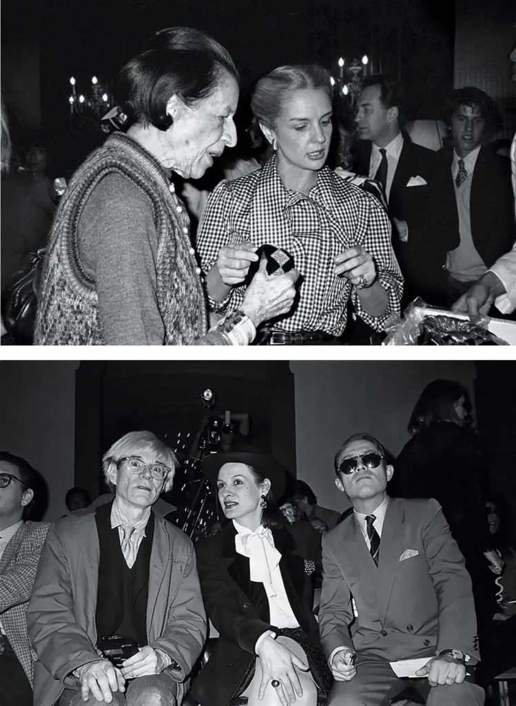 Diana Vreeland a Carolina Herrera na prehliadke v Metropolitan Clube, Andy Warhol a Paloma Picasso v publiku