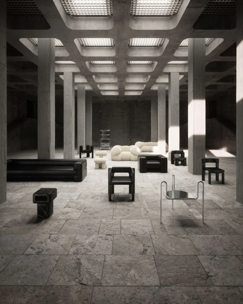 A-N-D a Boon Editions, výber kolekčného nábytku v industriálnom priestore s betónovými stĺpmi, 5VIE Design District, Armonie Invisibili, Milan Design Week 2025.
