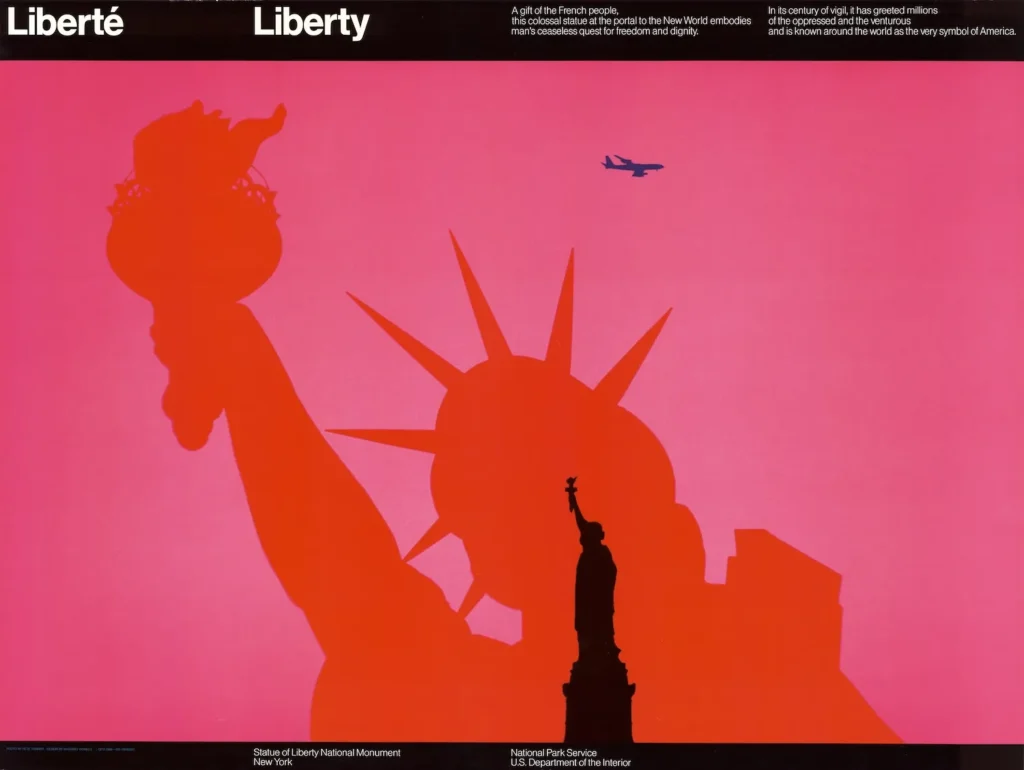 Vignelli dizajn — Liberté Liberty plagát pre National Park Service, 1986, ružové pozadie so siluetou Sochy slobody.