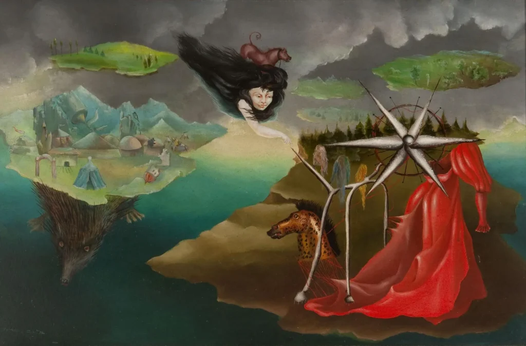 Leonora Carrington, Artes 110, 1944 — surrealistická maľba s lietajúcou ženskou figúrou, fantastickými ostrovmi, zvieratami a červenou drapériou.