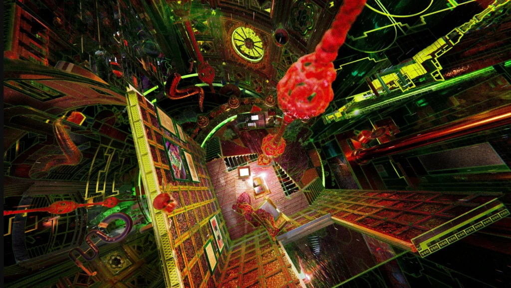 Záber z pohyblivého obrazu Bugarin + Castle Submit to Sound, 2026 — psychedelická digitálna architektúra s organickými formami v červenej, žltej a zelenej.