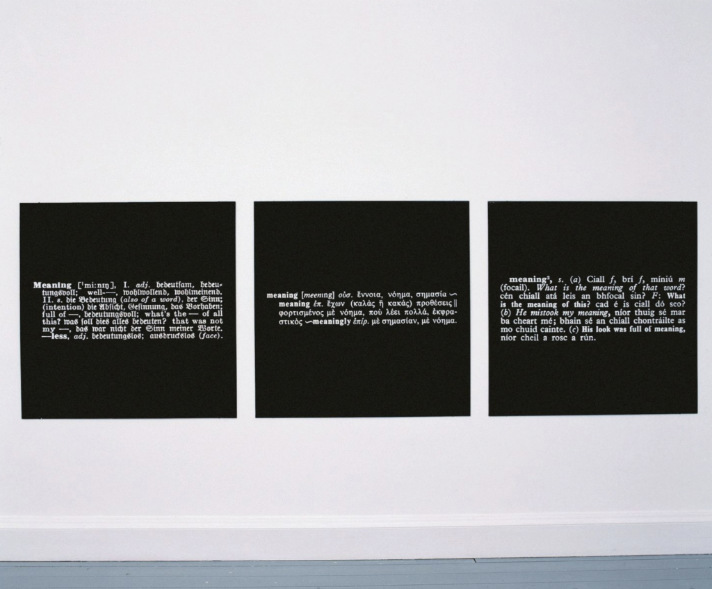 Almine Rech Venice Biennale 2026 — Joseph Kosuth, Three Titled Meanings A.A.I.A.I, 1967, fotografia textu na paneli, IMMA Dublin.