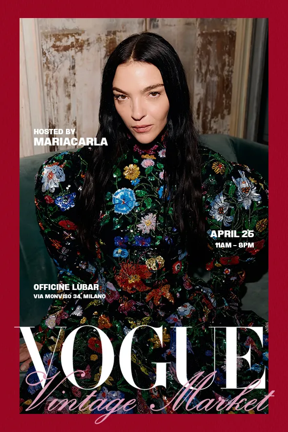 Plagát Vogue Vintage Market 2026 — modelka Mariacarla Boscono v kvetinovom outfite na červenom pozadí s logom Vogue.