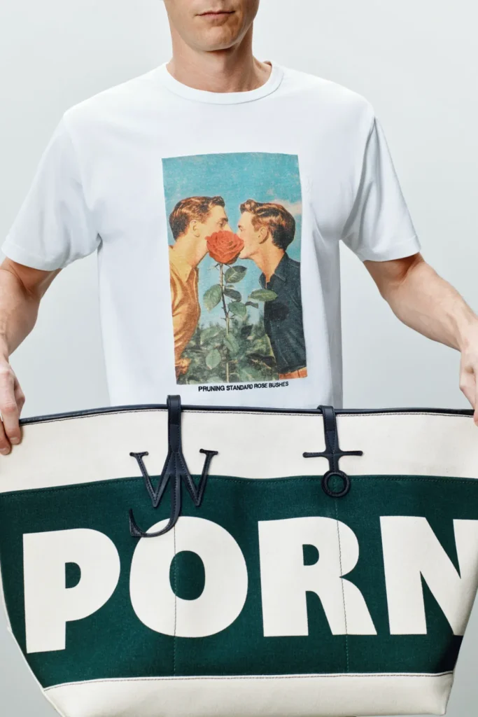 JW Anderson AW26 PORN tote bag grafické tričko kolekcia