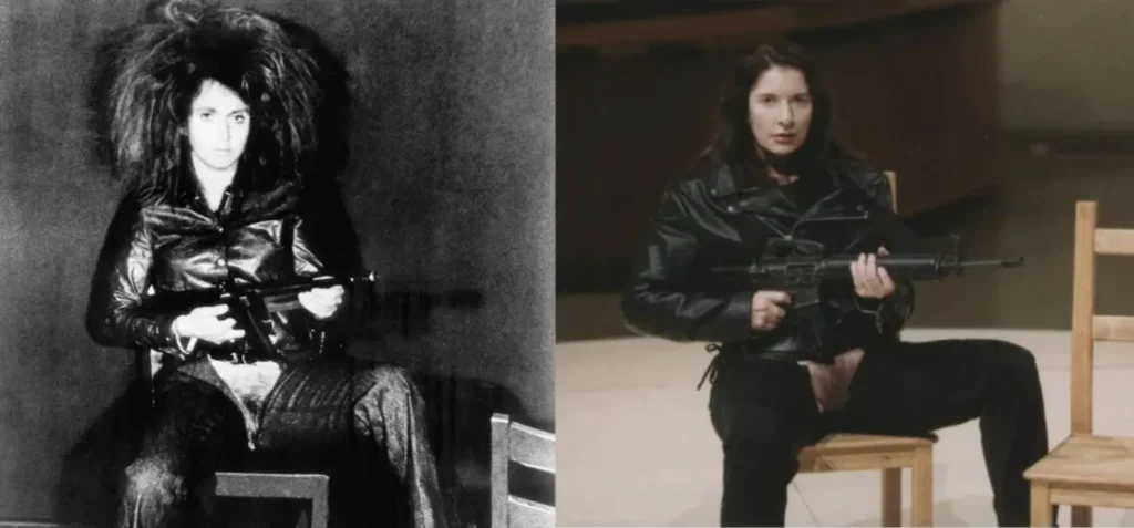 Valie Export, Aktionshose: Genitalpanik, 1969, a apropriácia Mariny Abramovic, Guggenheim Museum, New York, 2005.