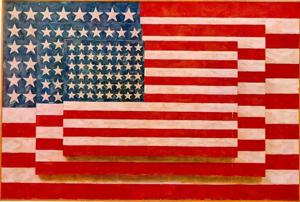 Jasper Johns, Three Flags, 1958. Encaustika na plátne. Zdroj: Wikimedia Commons.
