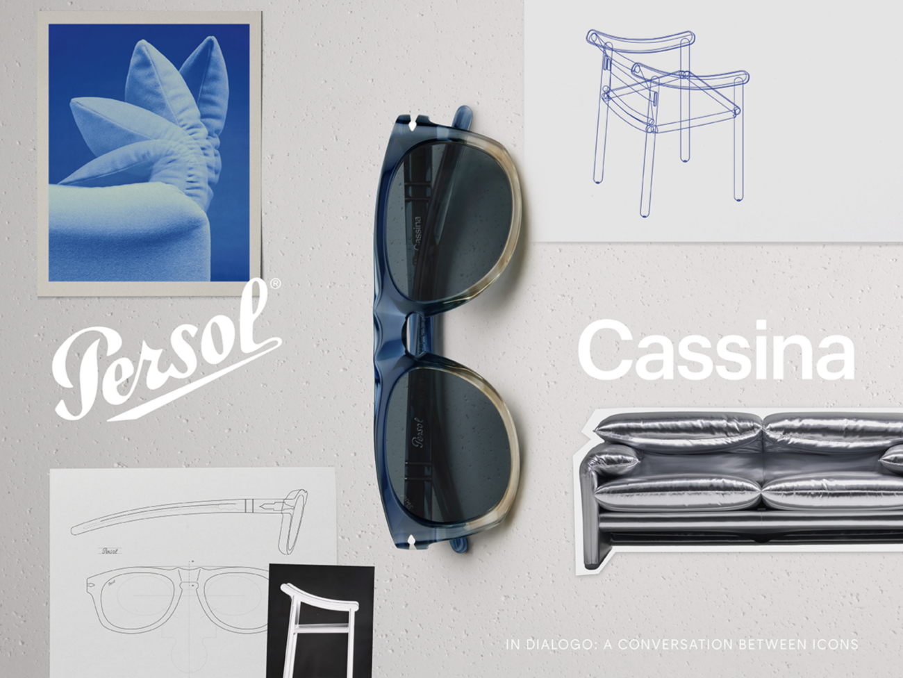 Koláž s okuliarmi Persol Cassina v prechodovej modrej farbe, logami oboch značiek, náčrtmi stoličky a pohovky na šedom pozadí