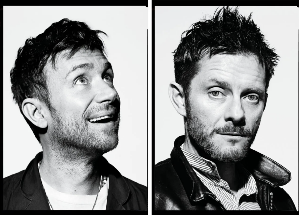 Čiernobiely diptych portrétov Damona Albarna a Jamieho Hewletta, spoluzakladateľov Gorillaz, obaja narodení v roku 1968