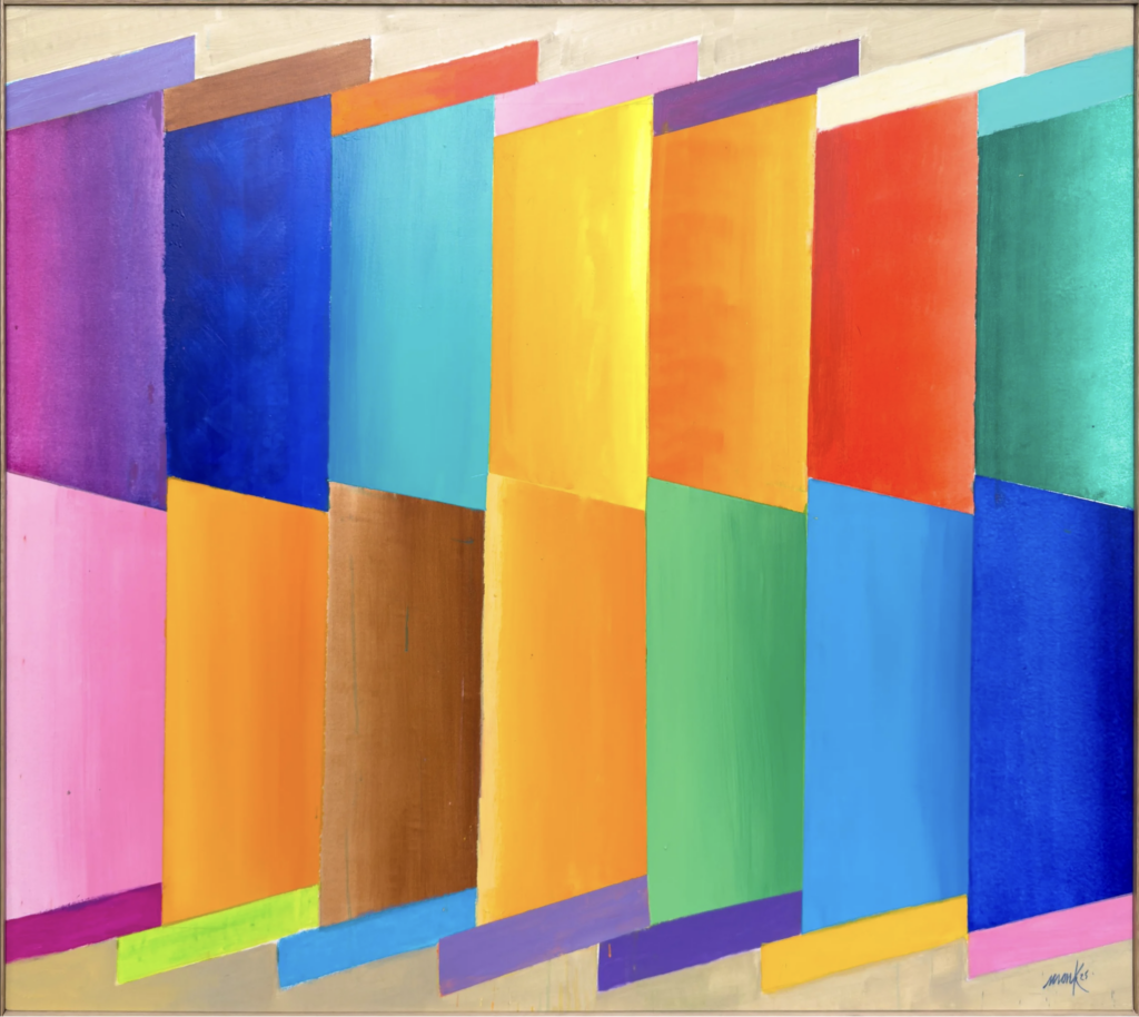 Heinz Mack, maľba Bez názvu z Chromatickej konštelácie, 2025, farebné geometrické pásy v odtieňoch fialovej, modrej, tyrkysovej, žltej, oranžovej, ružovej a zelenej na plátne