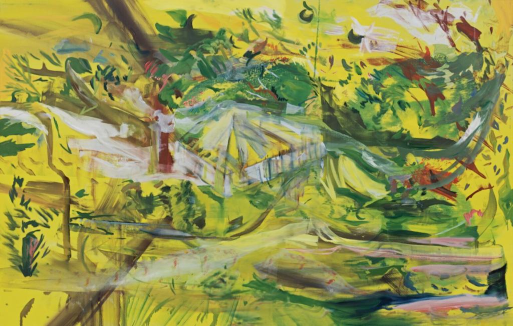 Obraz Cecily Brown The Serpentine Picture, sýtožltá krajina s premietnutými zelenými stromami, bielym mostíkom a rozostrenými postavami