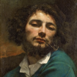 Gustave Courbet, portrét muža s fajkou, olej na plátne, na ružovom pozadí propagačného materiálu výstavy I, Gustave Courbet v Museum Folkwang