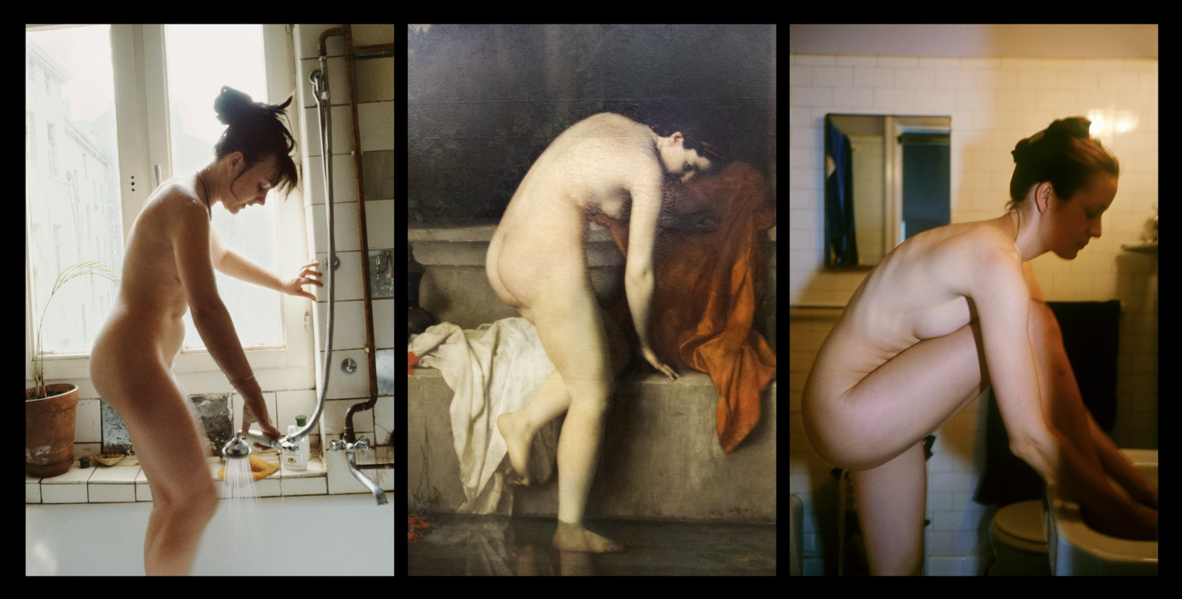 Trojica fotografií a maľby zobrazujúca ženský akt pri kúpaní – fotografia Nan Goldin, klasická maľba ženy pri kúpeli a druhá súčasná fotografia ženy skláňajúcej sa nad umývadlom