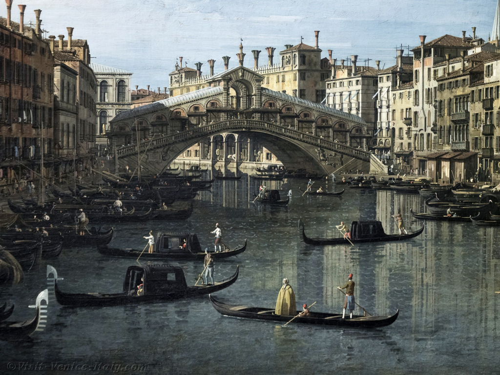 Canalettova maľba Grand Canal a Rialtského mosta v Benátkach s množstvom gondol a loďami plnými obyvateľov v 18. storočí