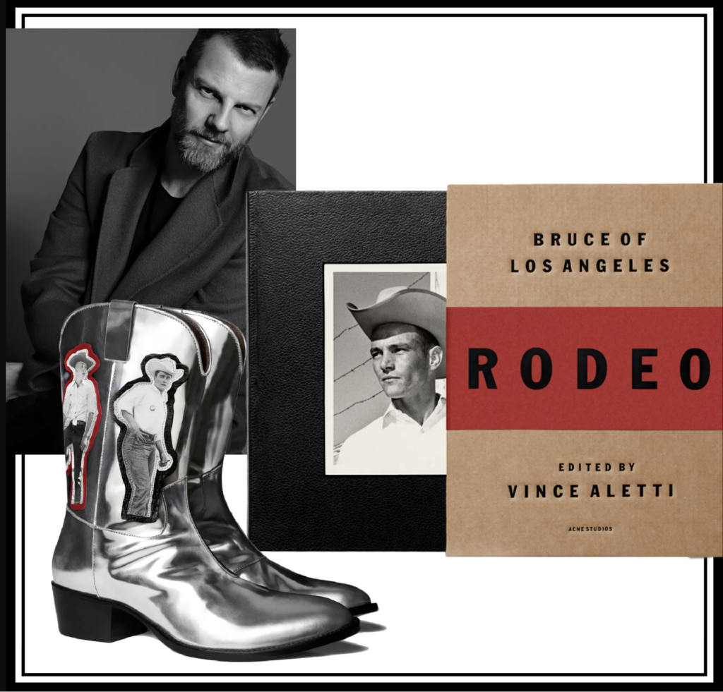 Koláž s portrétom Jonnyho Johanssona, vintage fotografiou kovboja od Brucea Bellasa, knihou Rodeo a strieborné kovbojské čižmy z kapsulovej kolekcie Acne Studios, Vogue, 2013