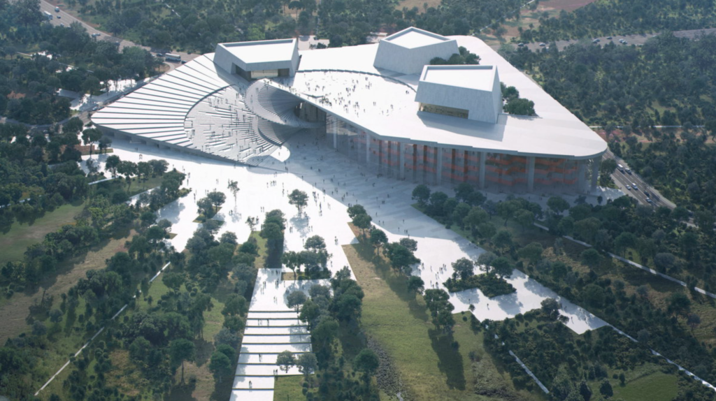 Vizualizácia Shanghai Grand Opera House od Snøhetty s tromi geometrickými pavilónmi na plochej bielej streche obklopenej zeleňou