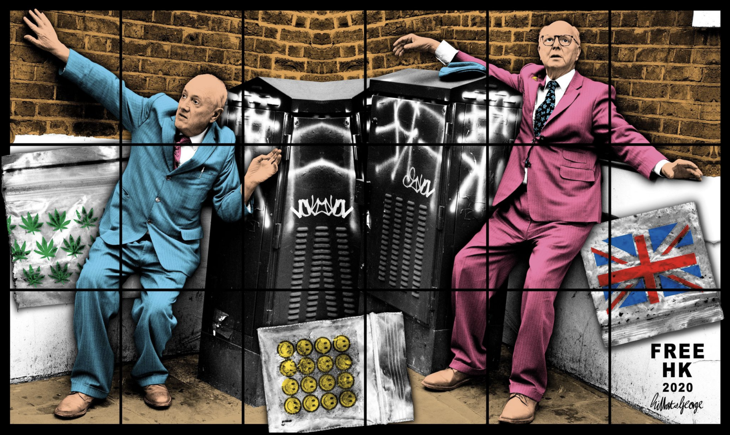 Gilbert & George, FREE HK, 2020, veľkoformátový obraz vo farebnej mriežke s politickým motívom