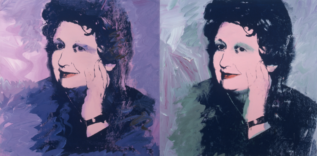 Andy Warhol, portrét Ileany Sonnabend v sieťotlačovej technike vo výraznej ružovo-fialovej farebnosti