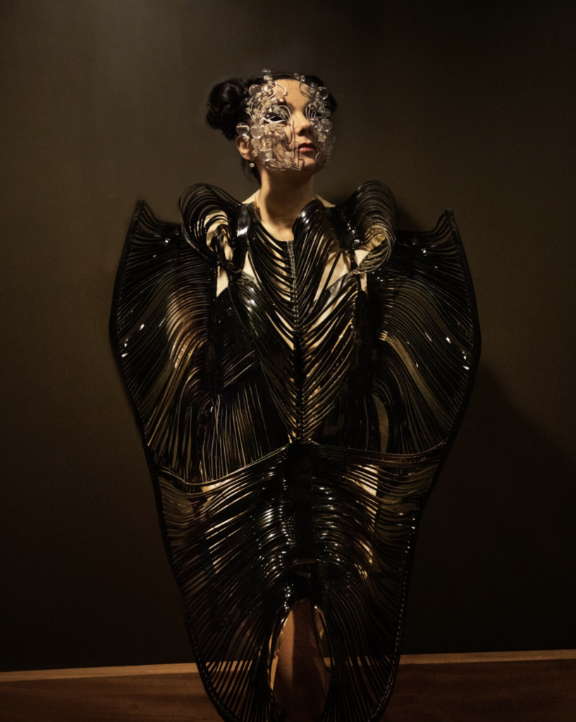 Björk v čiernych lakovaných šatách Synesthesia od Iris van Herpen na Le Guess Who