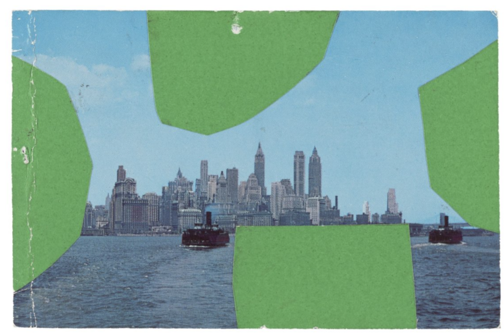 Ellsworth Kelly, Four Greens, Upper Manhattan Bay, 1957, koláž z pohľadníc, 8,6 × 13 cm. Jack Shear © Ellsworth Kelly Foundation.