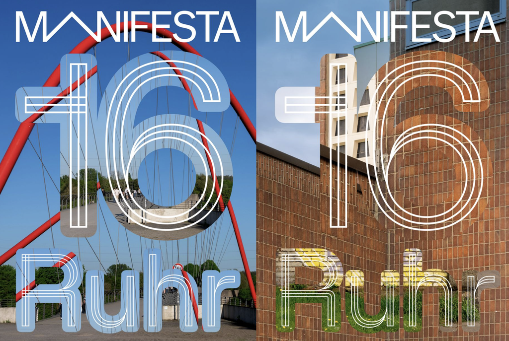 Grafický vizuál Manifesta 16 Ruhr s fotografiami mosta a tehlovej priemyselnej budovy