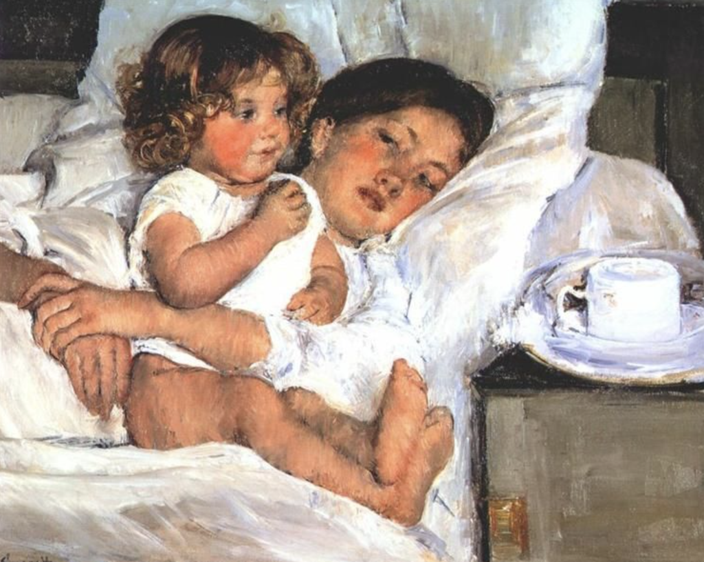 Breakfast in Bed od Mary Cassatt, matka a dieťa v posteli