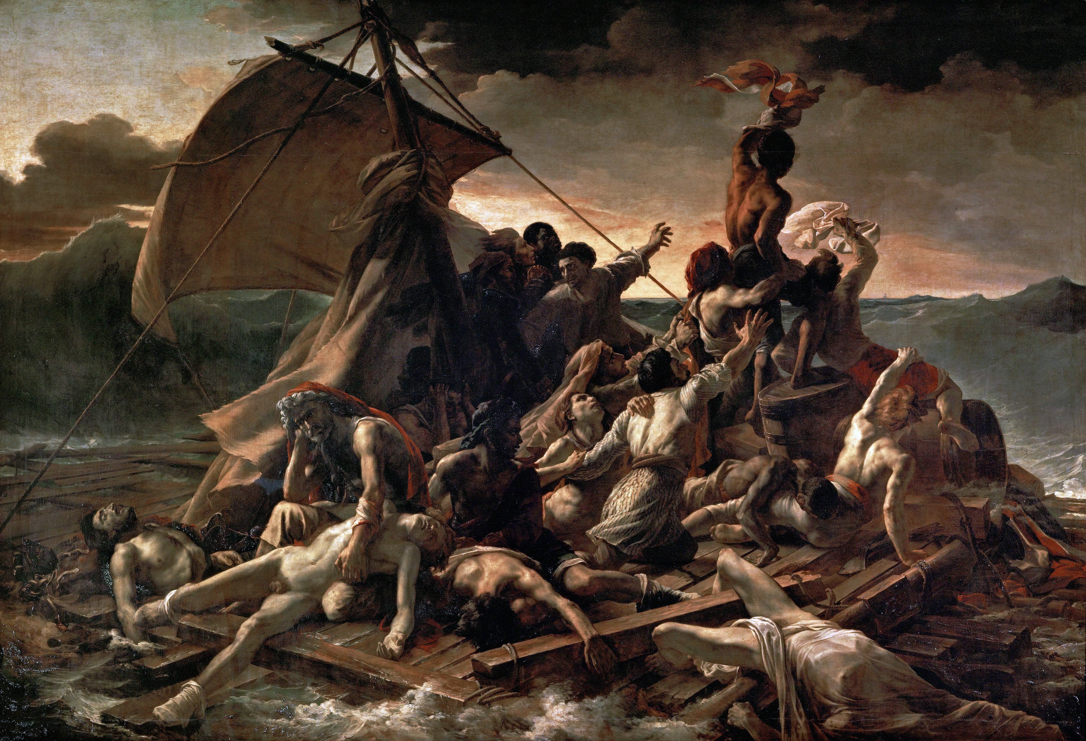 Théodore Géricault, The Raft of the Medusa (1818–19), oil painting depicting shipwreck survivors on a makeshift raft amid a stormy sea.