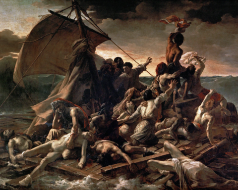 Théodore Géricault, Plť Medúzy (1818–19), olejomaľba zobrazujúca trosečníkov na provizórnej plti uprostred rozbúreného mora.
